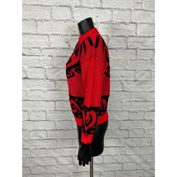 Rose Metallic Knit Black & Red Pullover Round Neck  Long Sleeve Sweater 90s Sz L - Picture 4 of 5
